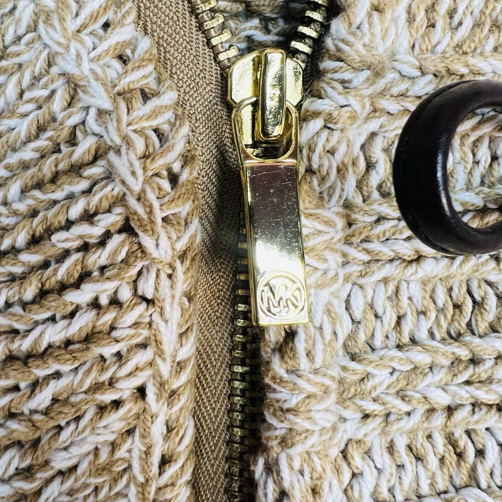 Mickael Kors Sweater L Tan Chunky Knit Poncho Mock Neck Full Zip Toggle Cape