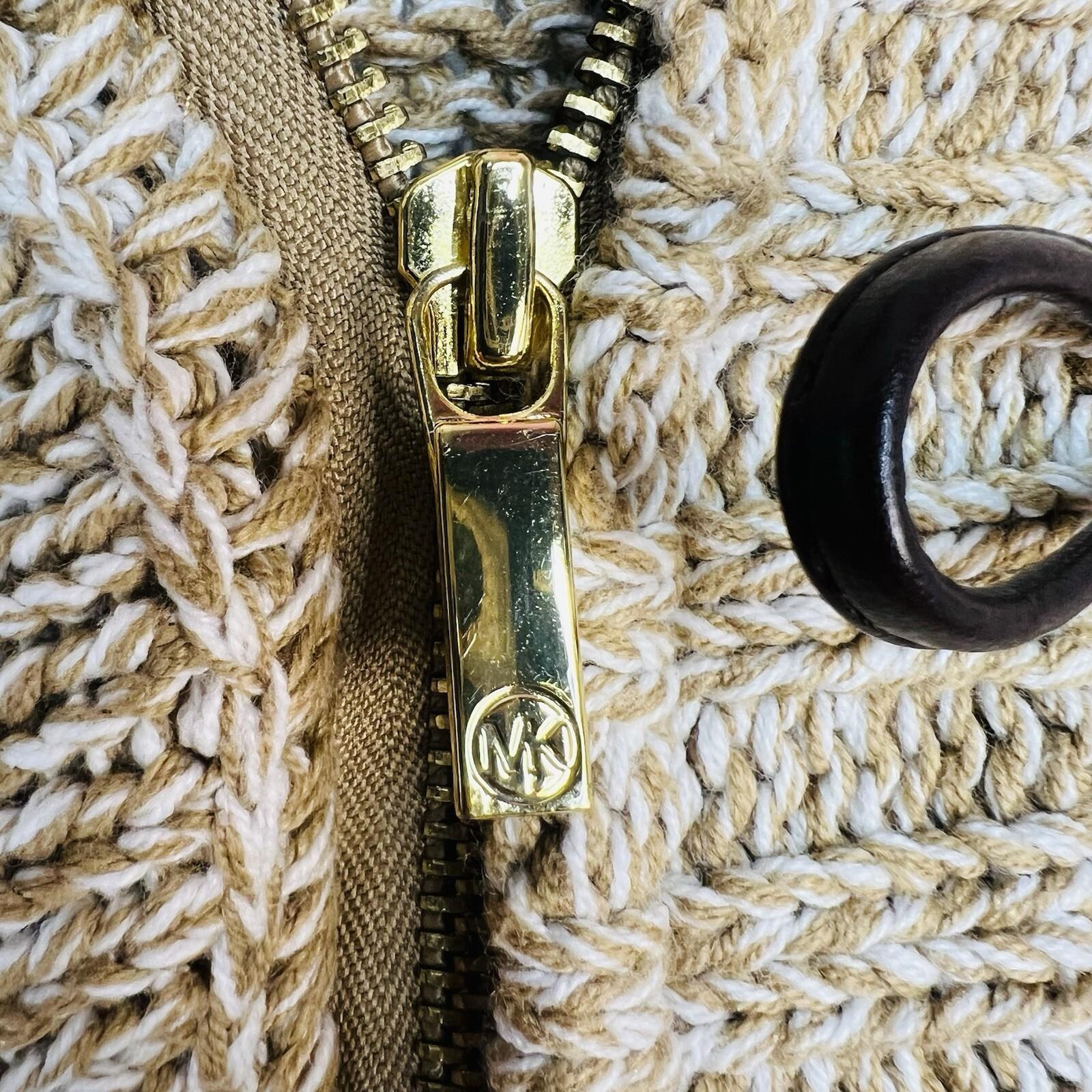 Mickael Kors Sweater L Tan Chunky Knit Poncho Mock Neck Full Zip Toggle Cape