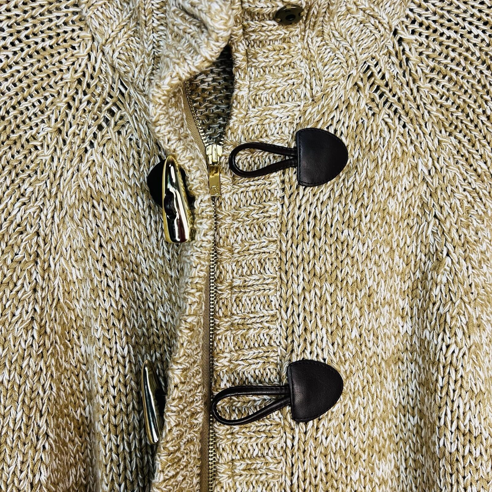 Mickael Kors Sweater L Tan Chunky Knit Poncho Mock Neck Full Zip Toggle Cape