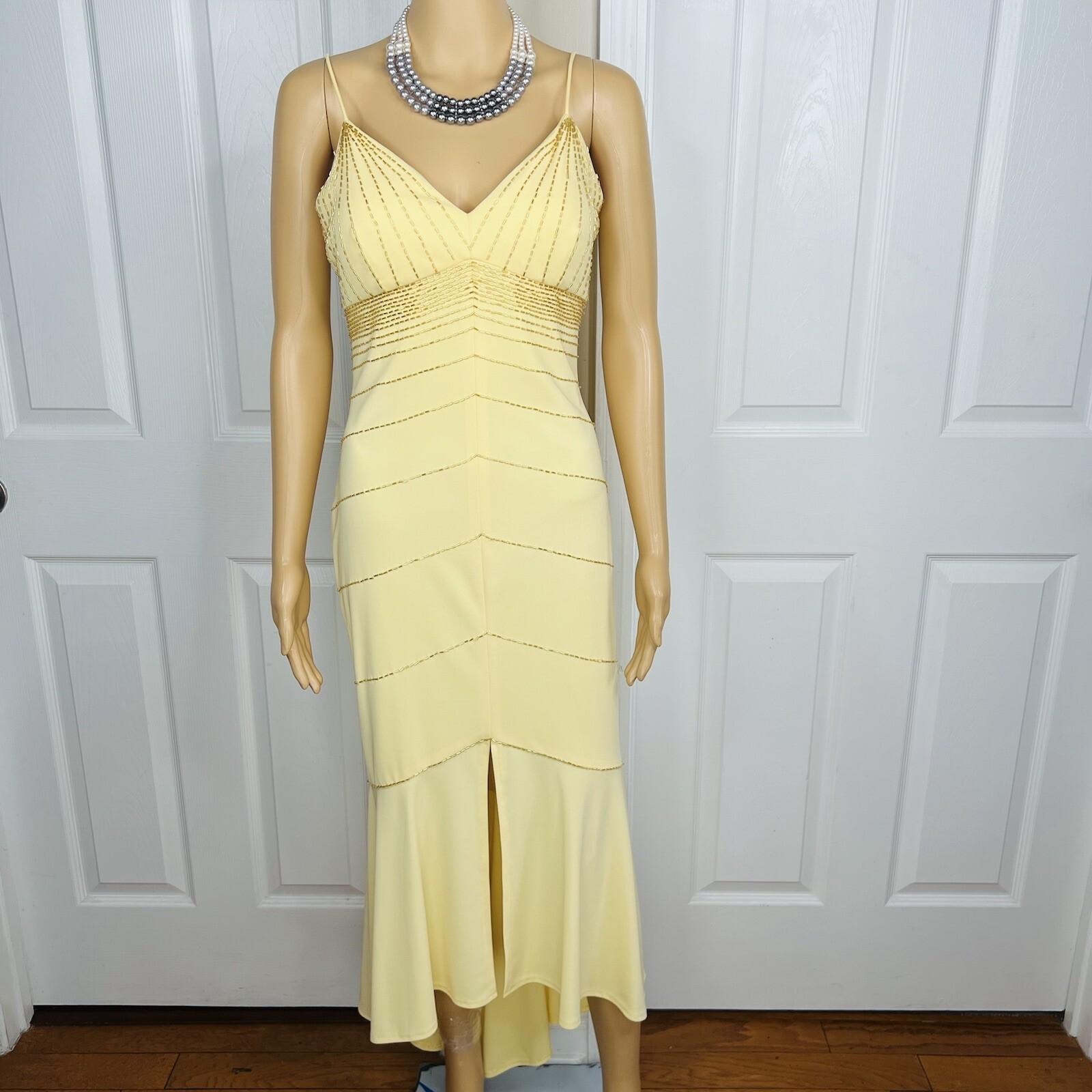 De Laru Dress Gown Prom Polyester 7/8 Vintage Y2K Yellow Beaded Spaghetti Strap