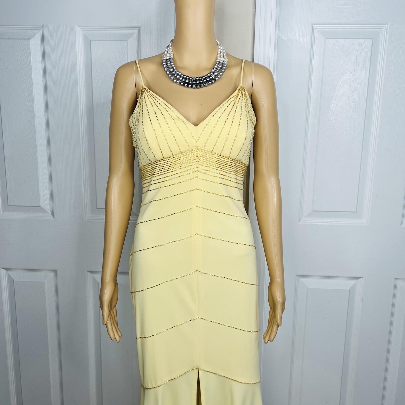 De Laru Dress Gown Prom Polyester 7/8 Vintage Y2K Yellow Beaded Spaghetti Strap