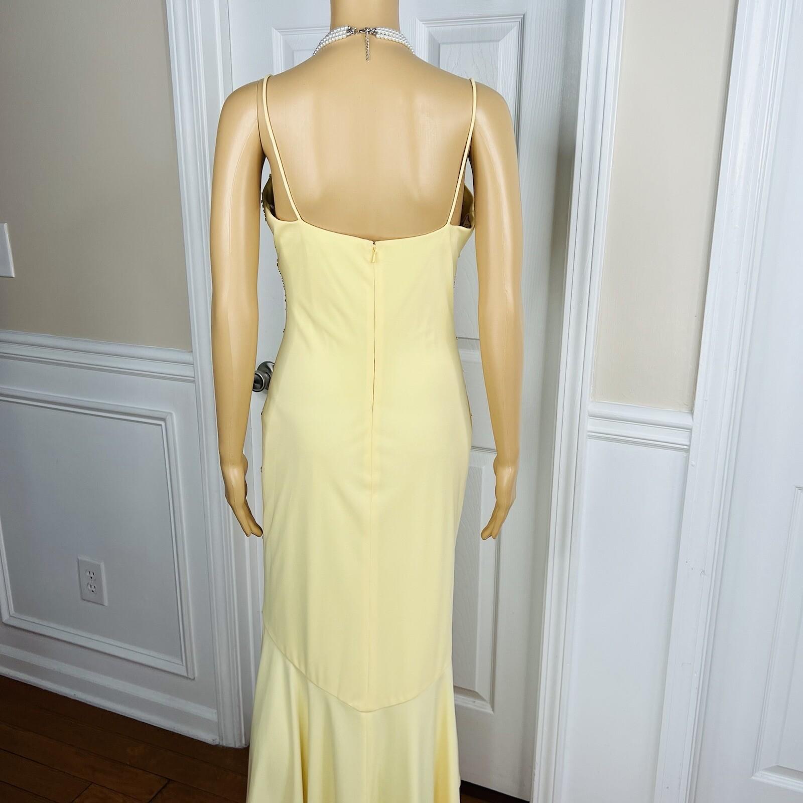 De Laru Dress Gown Prom Polyester 7/8 Vintage Y2K Yellow Beaded Spaghetti Strap