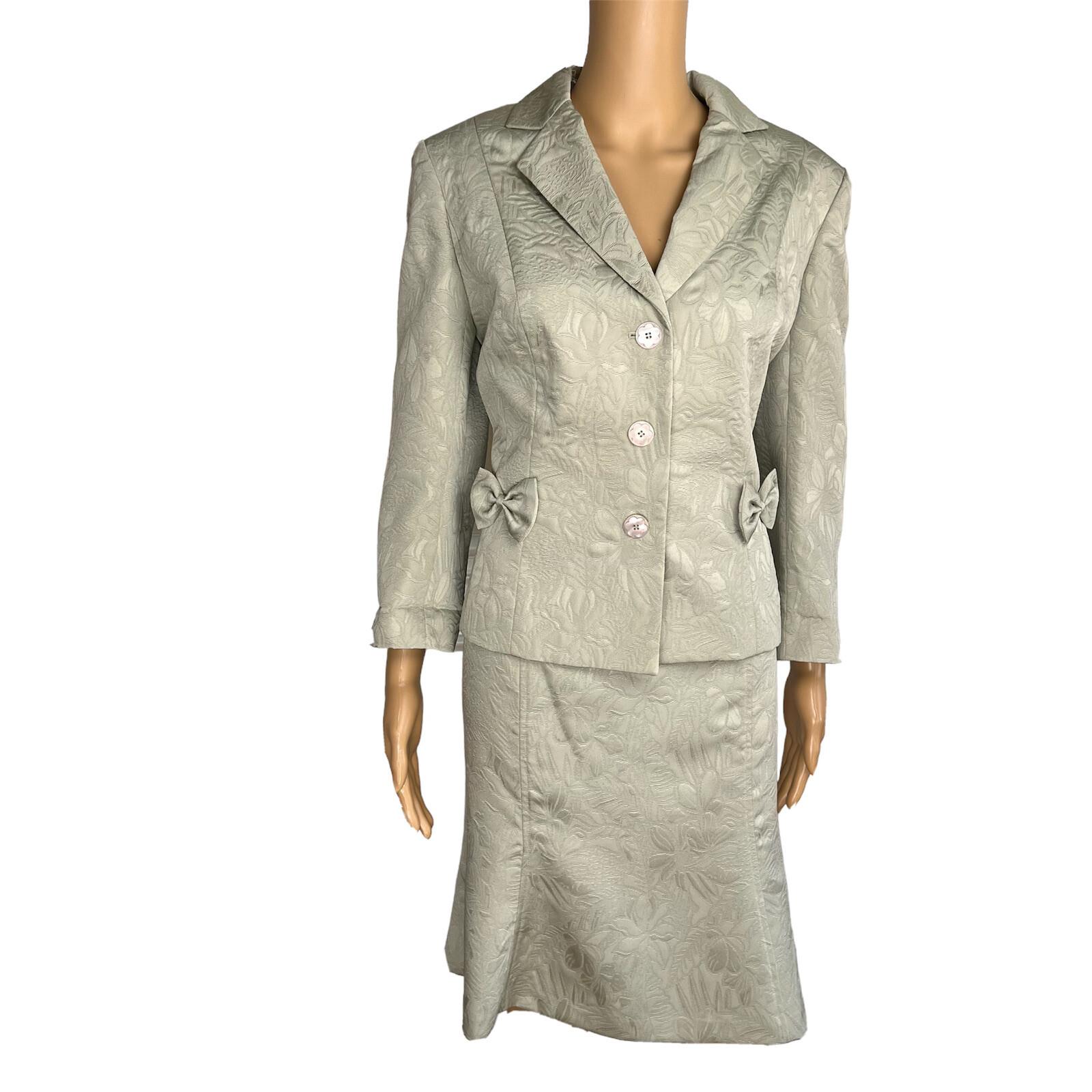 JONES NEW YORK 2PC Olive Green Floral Polyester Lined Flare Skirt Suit Size 10