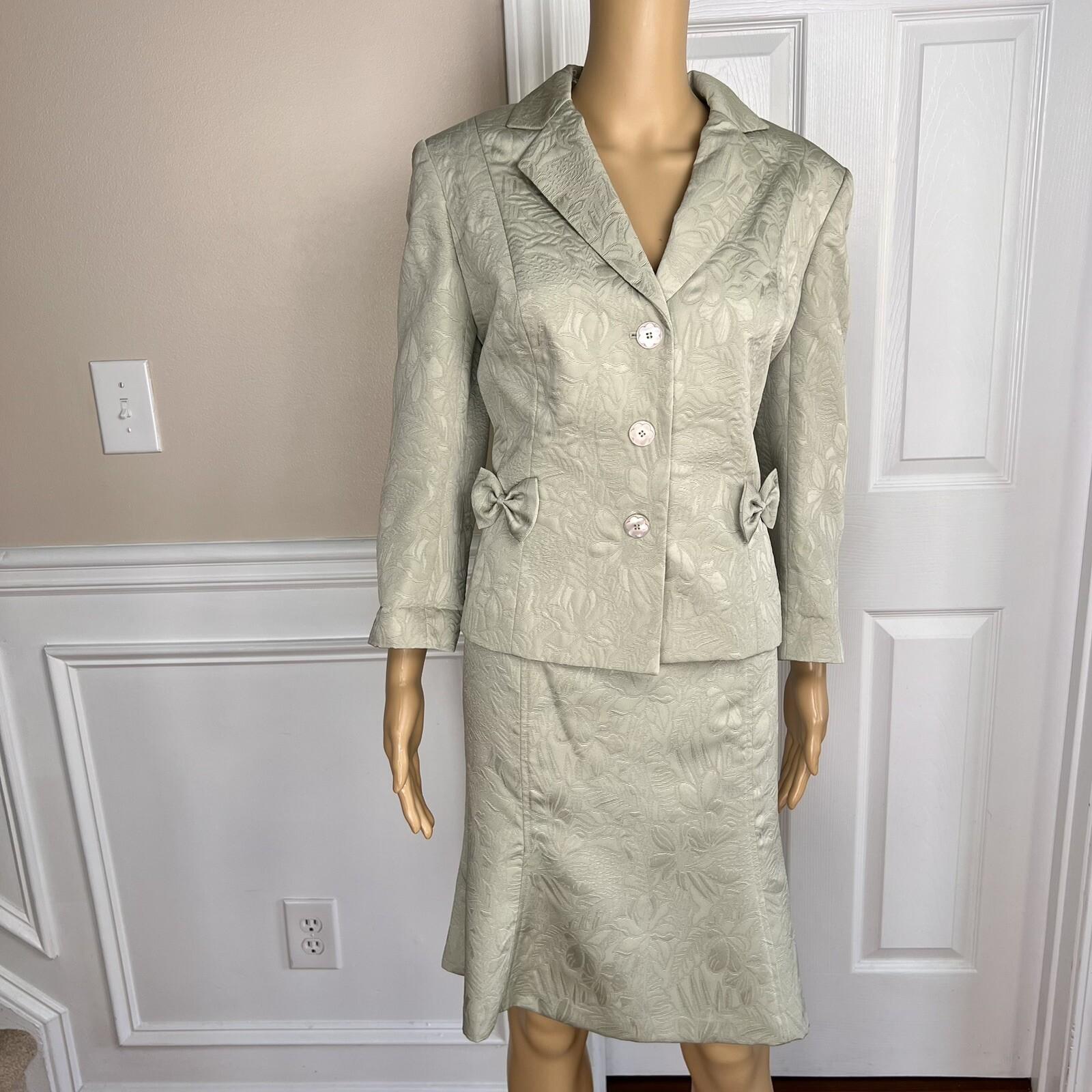 JONES NEW YORK 2PC Olive Green Floral Polyester Lined Flare Skirt Suit Size 10