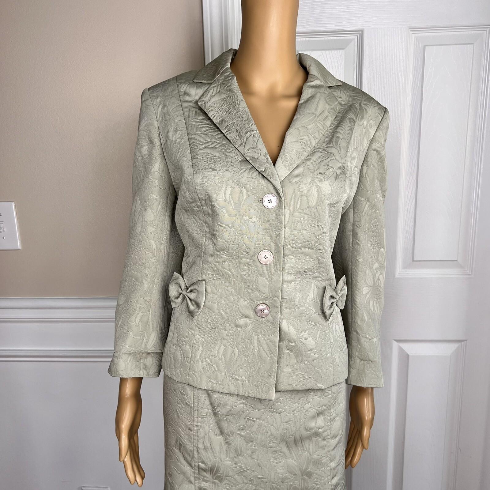 JONES NEW YORK 2PC Olive Green Floral Polyester Lined Flare Skirt Suit Size 10