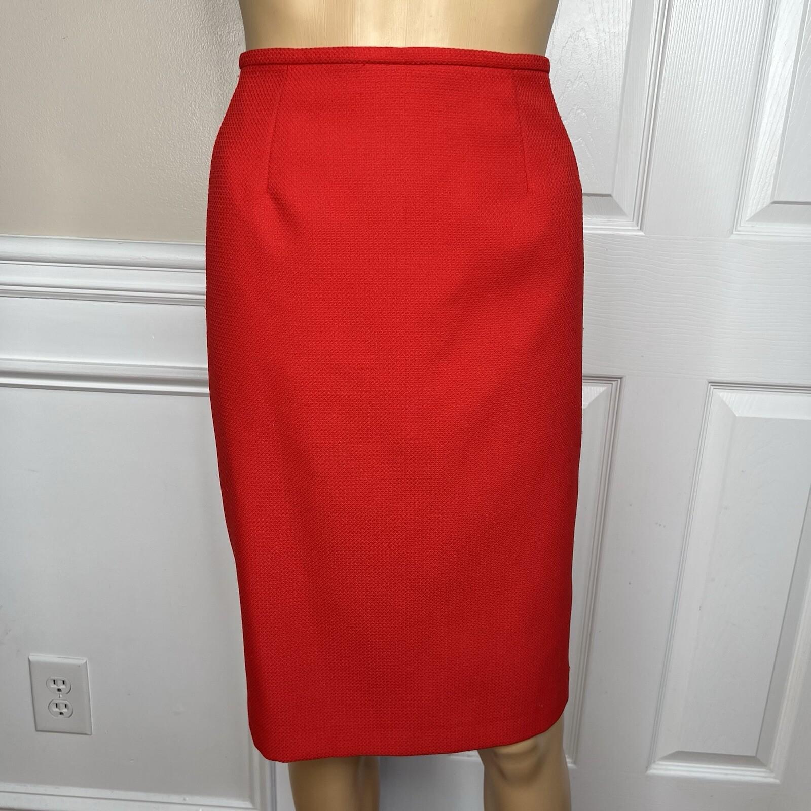 10-1320.jpg EMILY Polyester Skirt Suit Size 10 Red Short Sleeves Pockets Square collar 2PC
