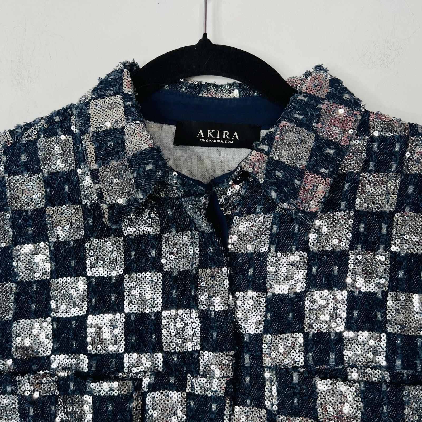 Akira Women Distressed Sequin Button Down Crop Jacket Size S Blue Silver Y2K