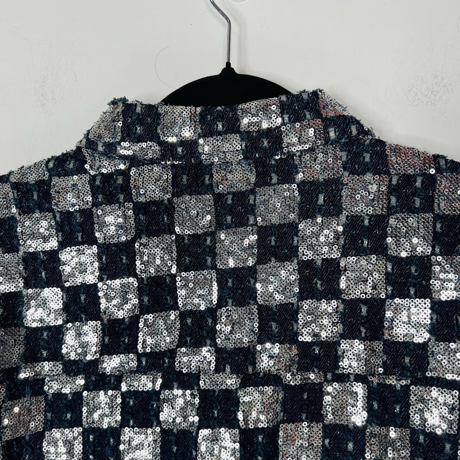 Akira Women Distressed Sequin Button Down Crop Jacket Size S Blue Silver Y2K