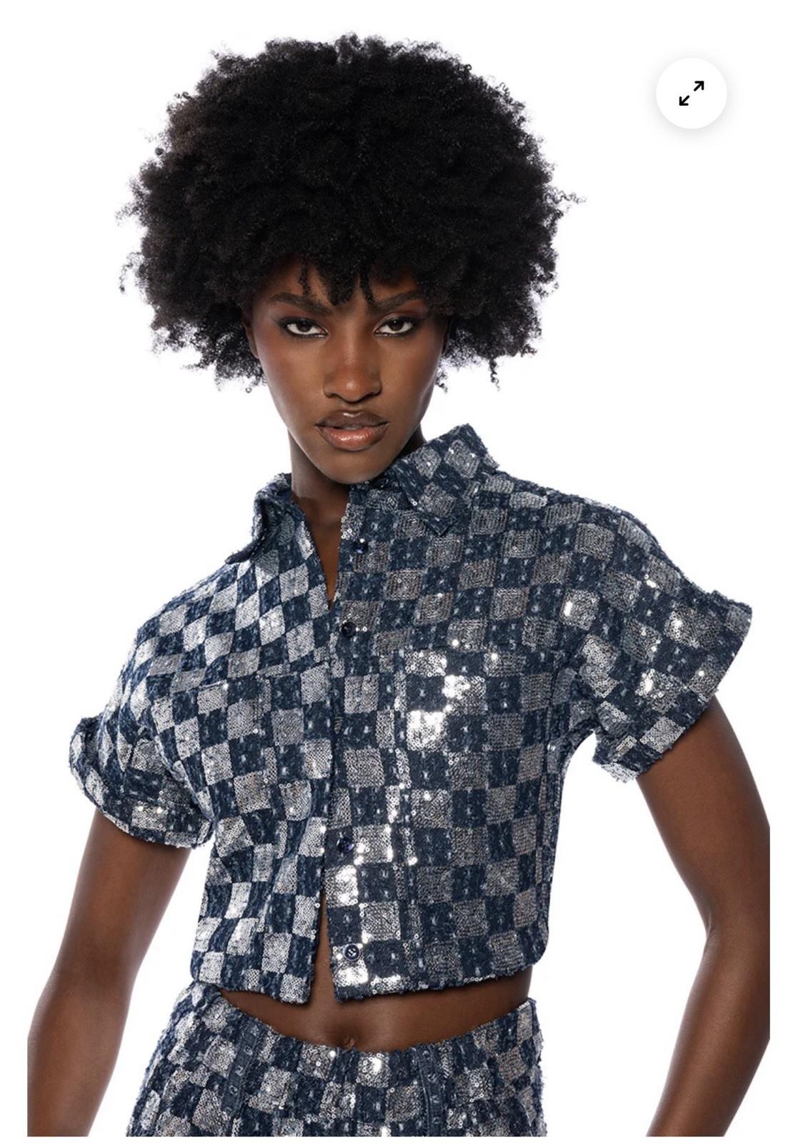 Akira Women Distressed Sequin Button Down Crop Jacket Size S Blue Silver Y2K