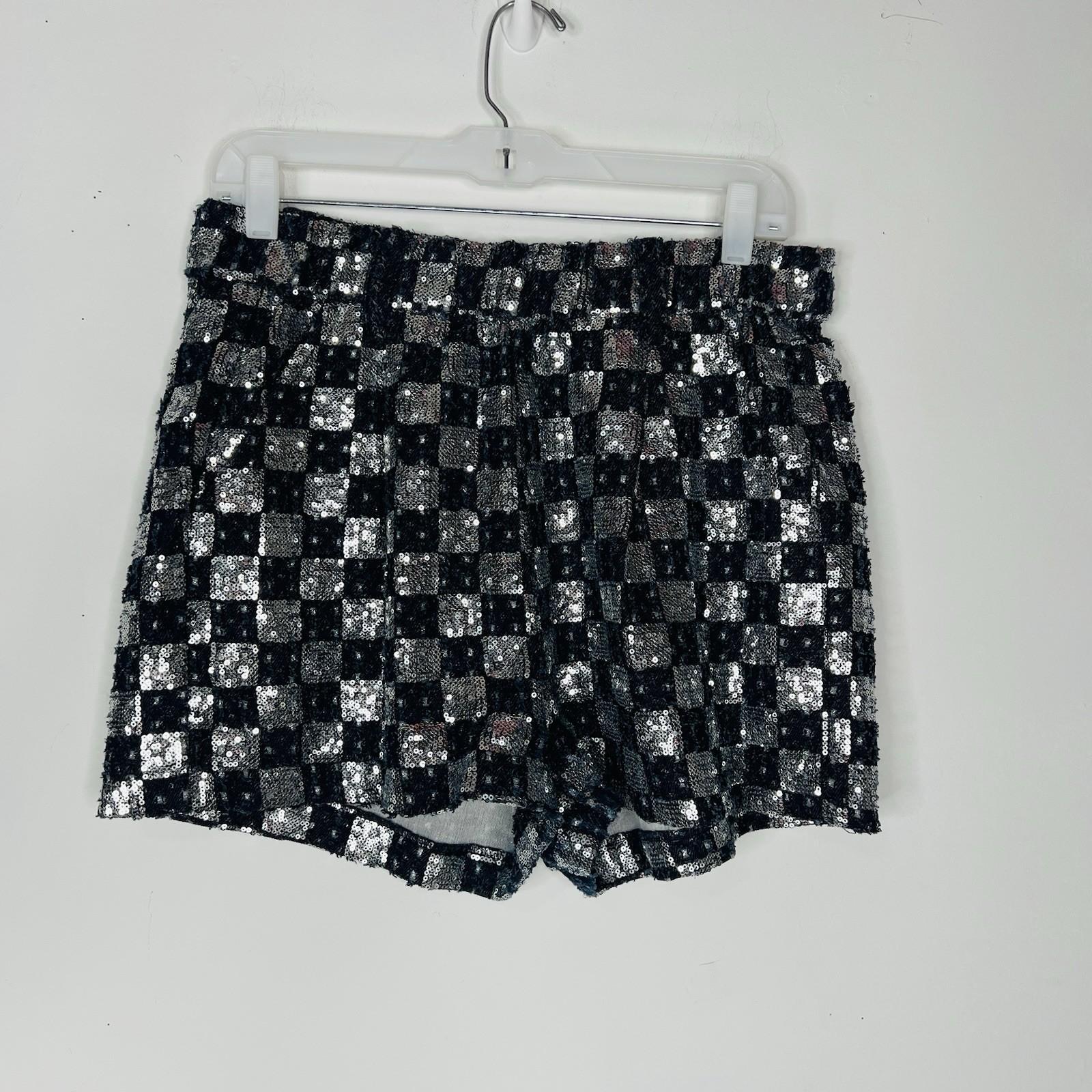 AKIRA Distressed Sequin Shorts Size XL Checker High Waist Boxy Silhouette Y2K