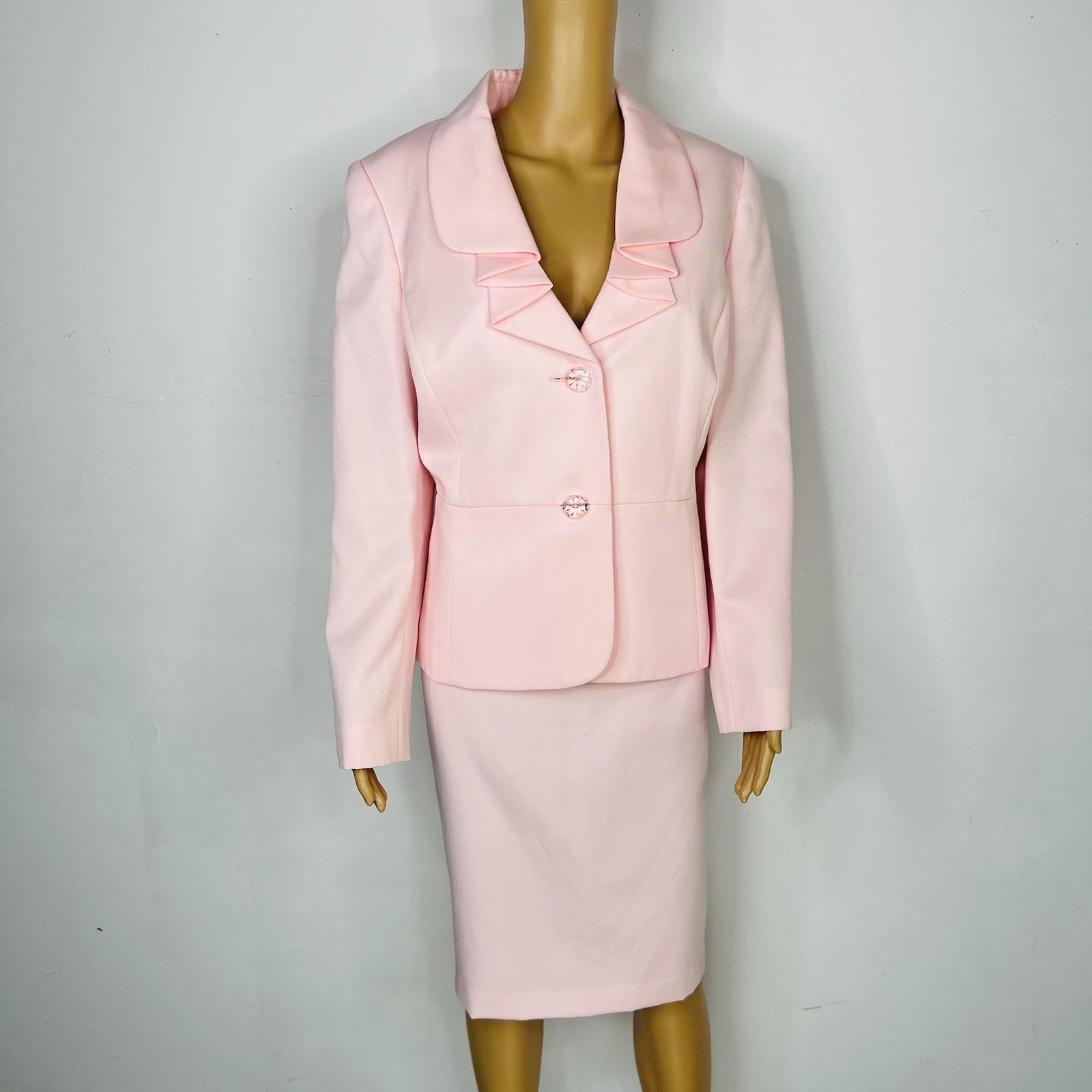 Le Suit 2PC Polyester Ruffle Shawl Collar Skirt Suit Size 14 Pink Timeless