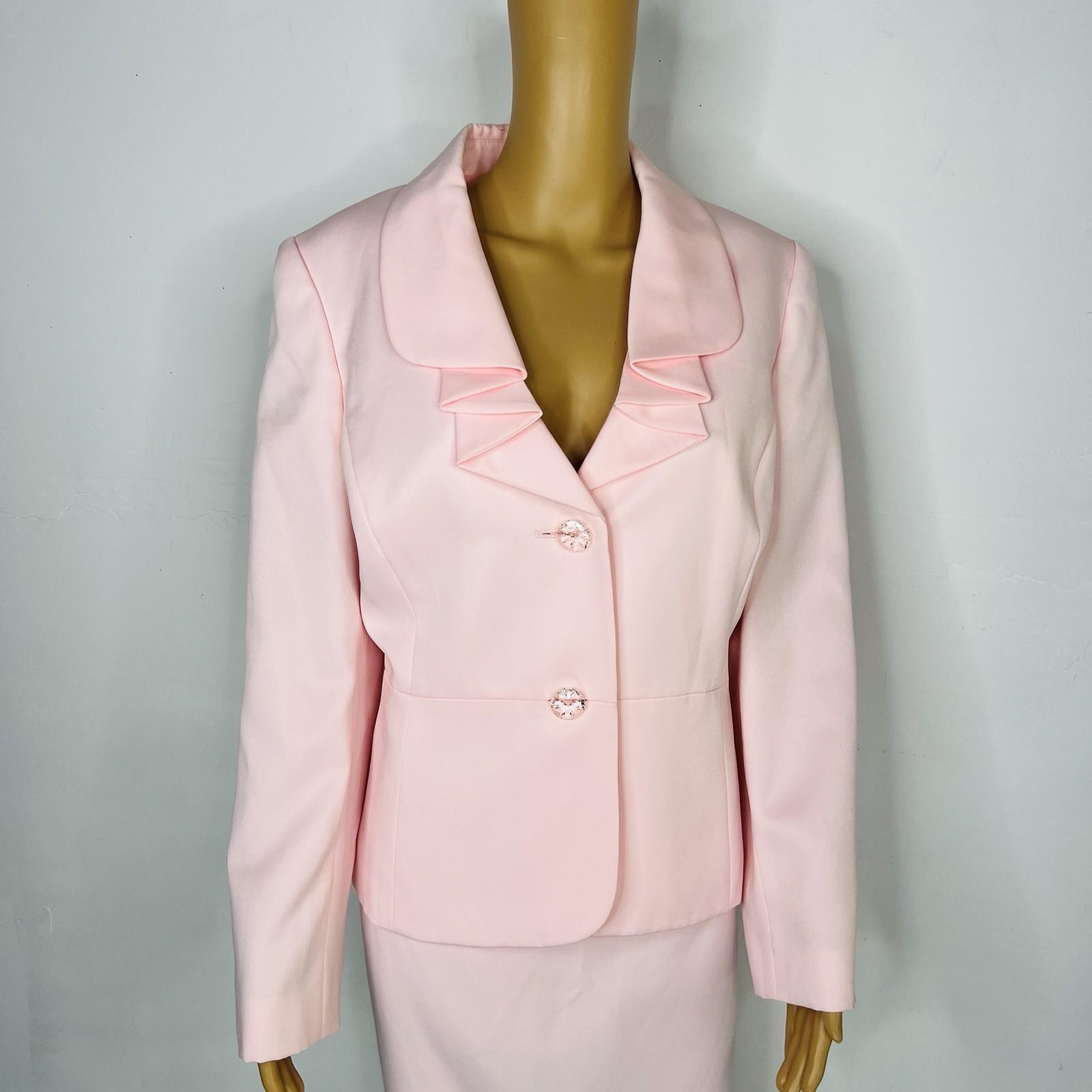 Le Suit 2PC Polyester Ruffle Shawl Collar Skirt Suit Size 14 Pink Timeless