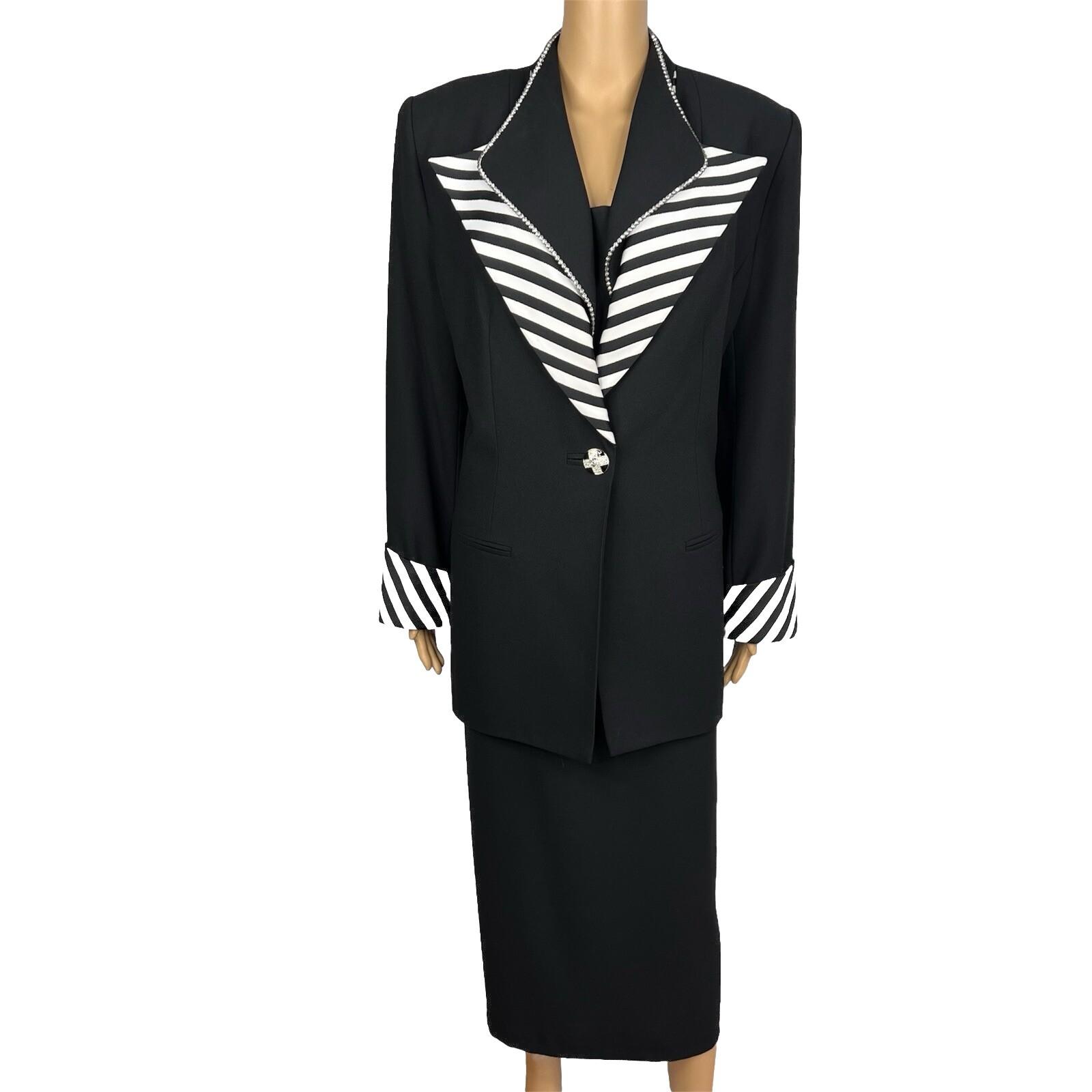 Moshita Couture Polyester Skirt Suit 14 Black White Beaded Lined Cocktail 2PC