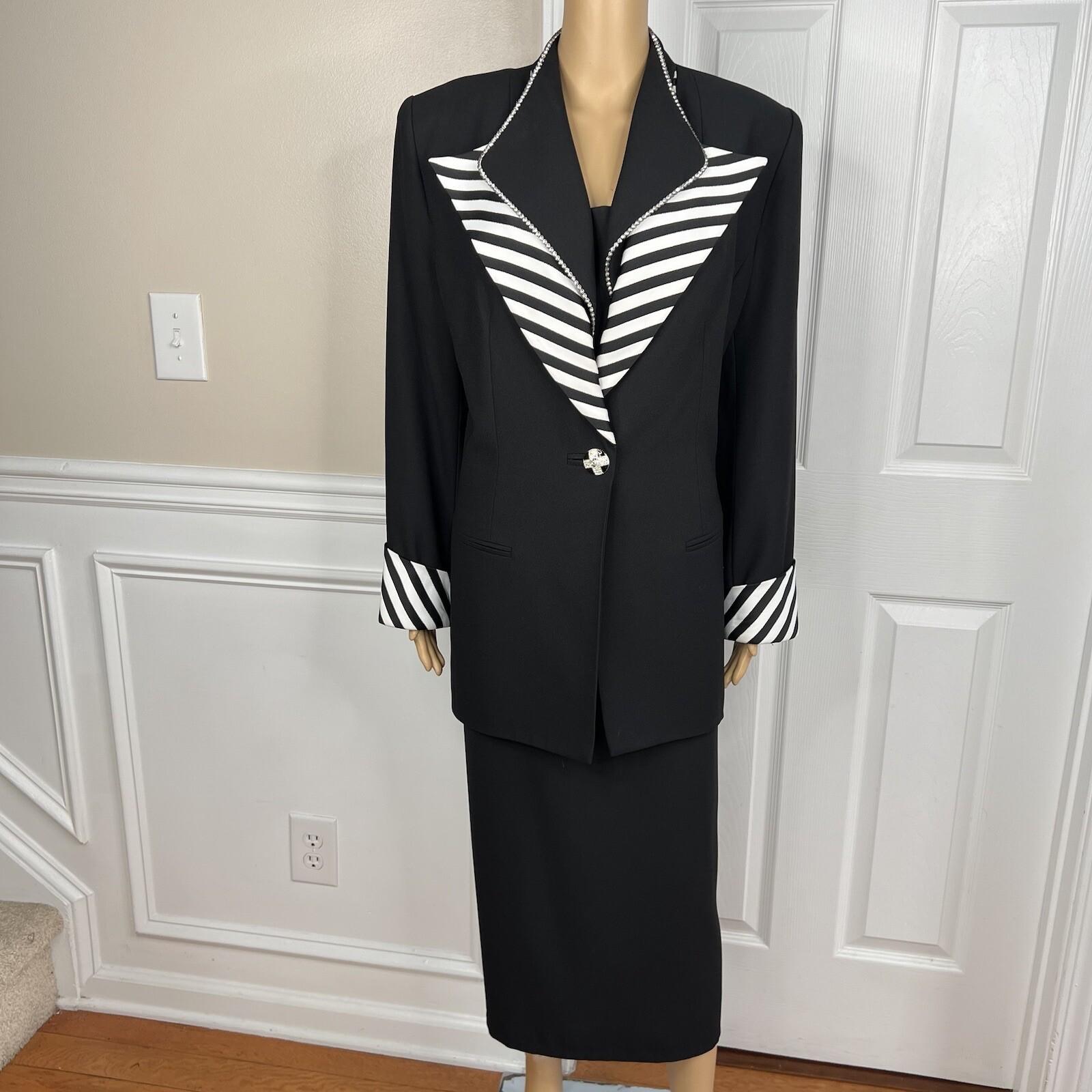 Moshita Couture Polyester Skirt Suit 14 Black White Beaded Lined Cocktail 2PC