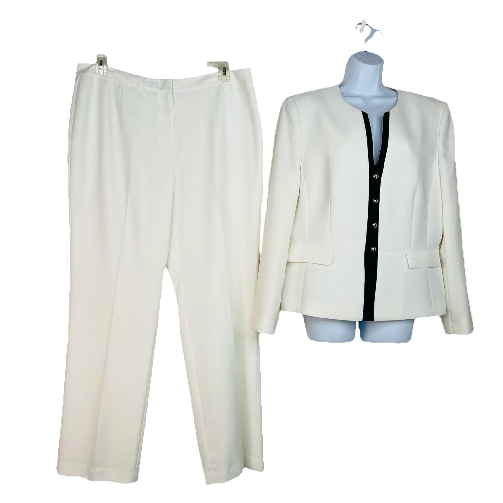 Tahari ASL & Kasper Pant Suit Size 16 Off White Black Collarless Professional