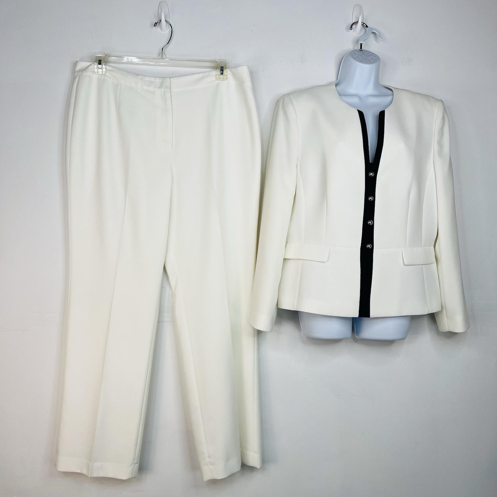 Tahari ASL & Kasper Pant Suit Size 16 Off White Black Collarless Professional