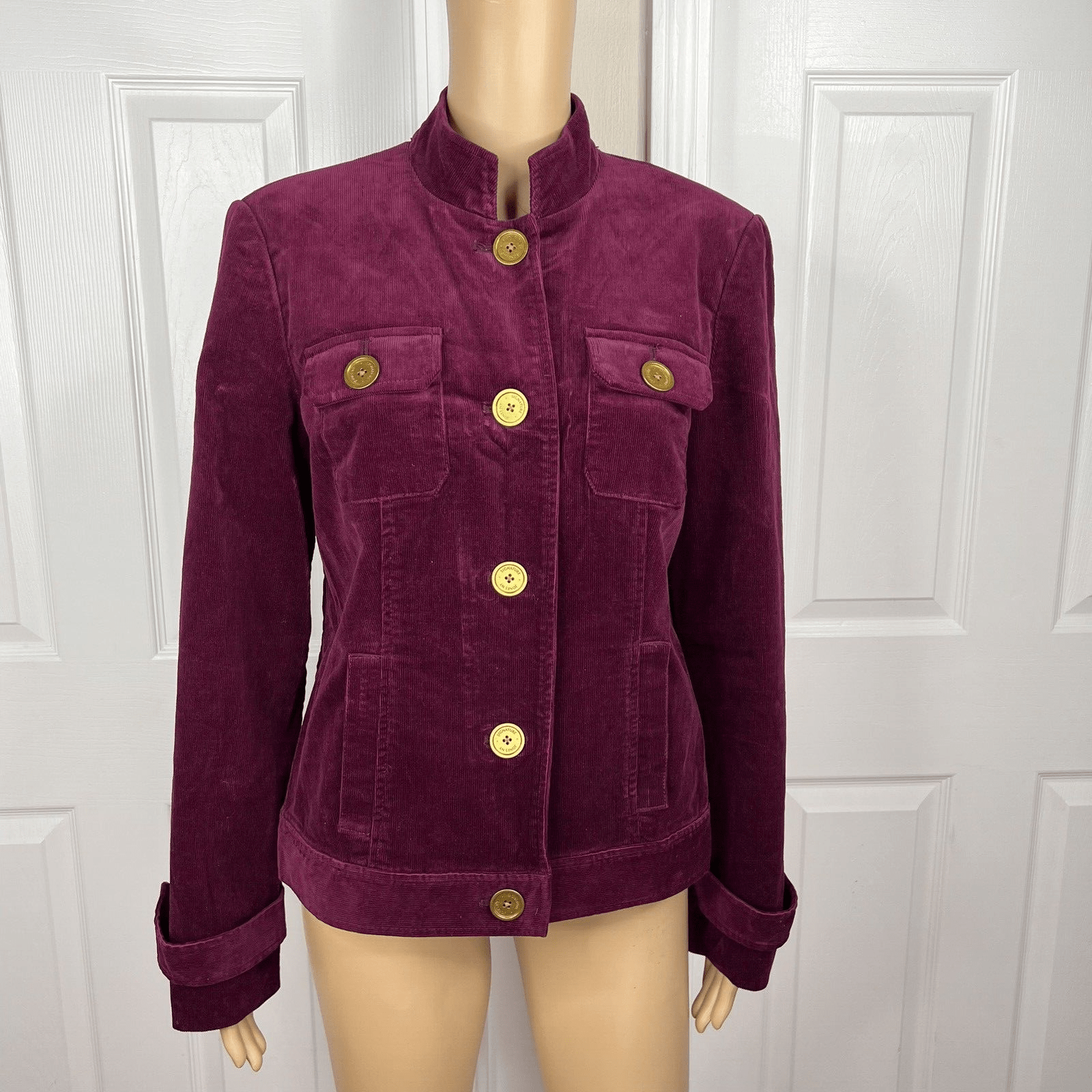 JONES NEW YORK Burgundy Cotton Stretch Velour Stand Up Collar Jacket Size M