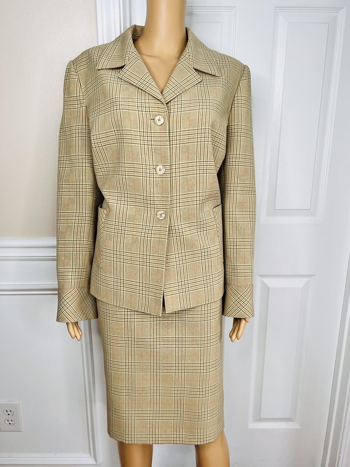 10-151.jpg Le Suit Polyester Rayon Skirt Suit Size 14 Mustard Striped Pockets Lined 2PC