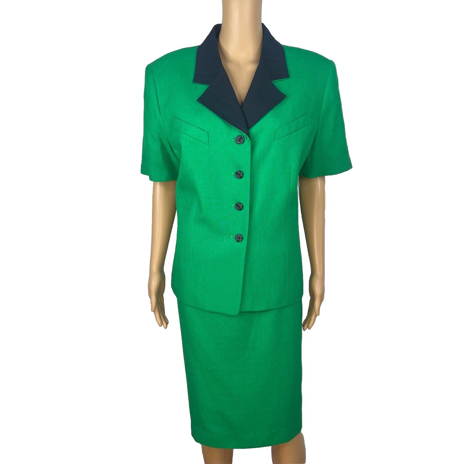 Kasper ASL Vtg Polyester Viscose Blend Skirt Suit Size 16 Green Short Sleeve 2PC