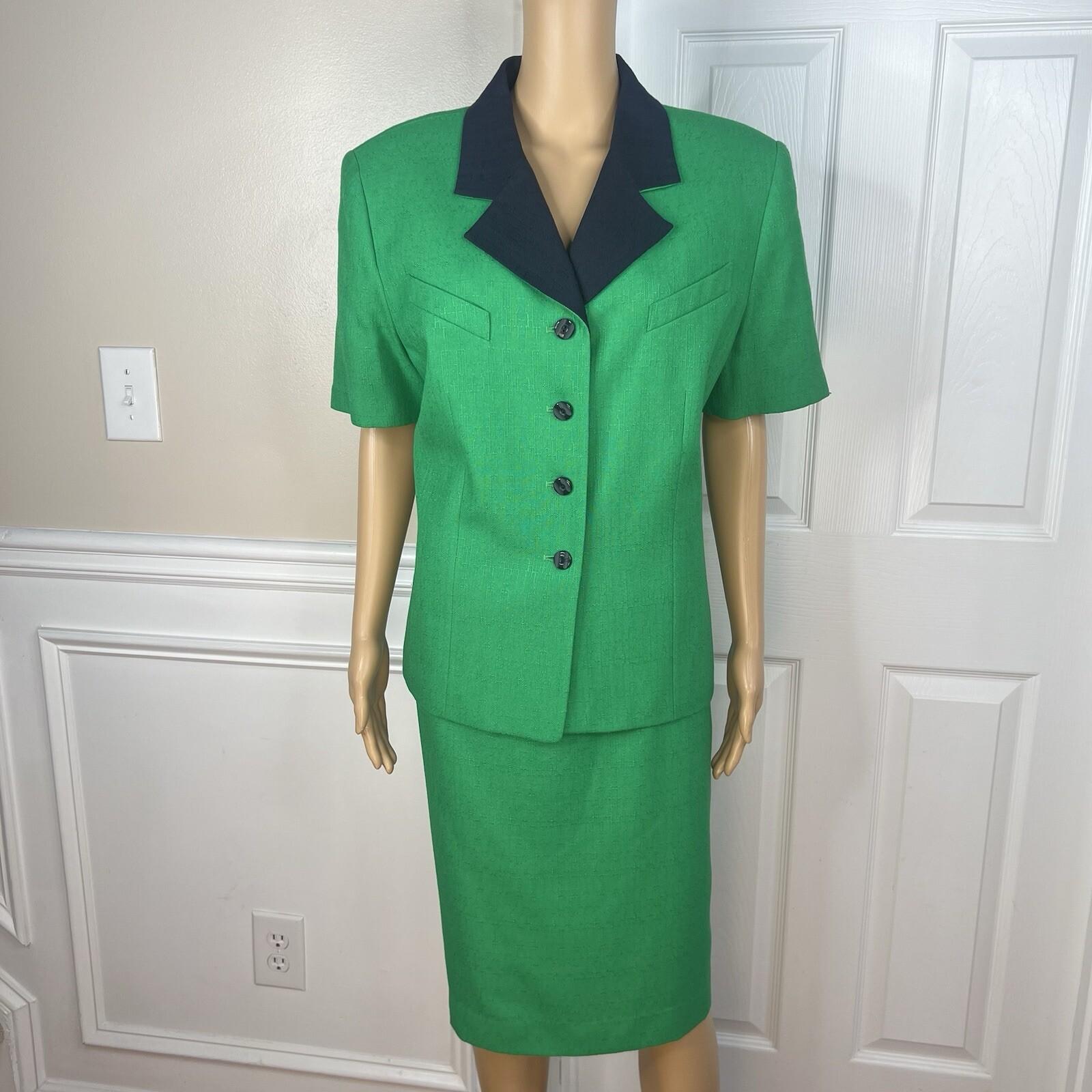 Kasper ASL Vtg Polyester Viscose Blend Skirt Suit Size 16 Green Short Sleeve 2PC