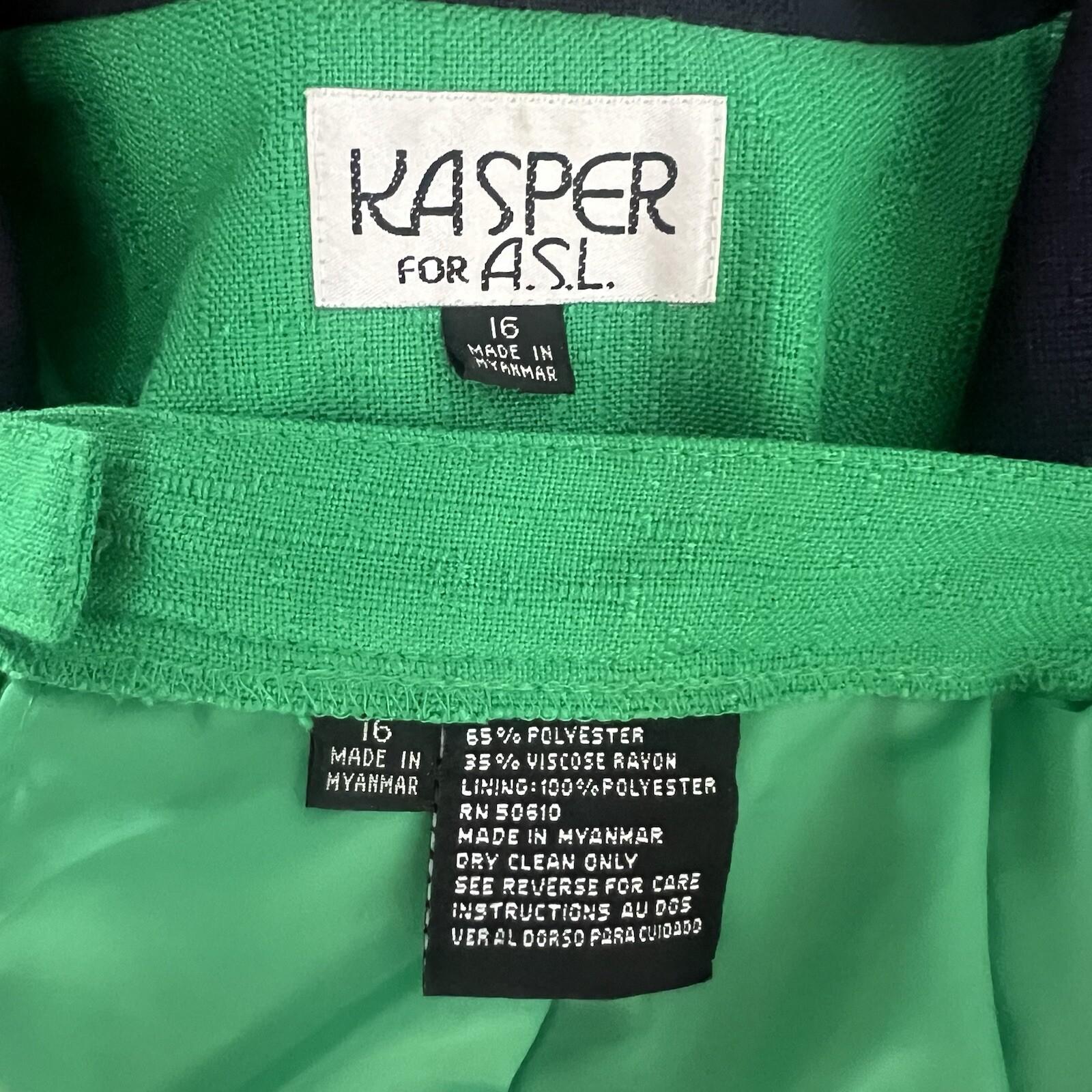 Kasper ASL Vtg Polyester Viscose Blend Skirt Suit Size 16 Green Short Sleeve 2PC