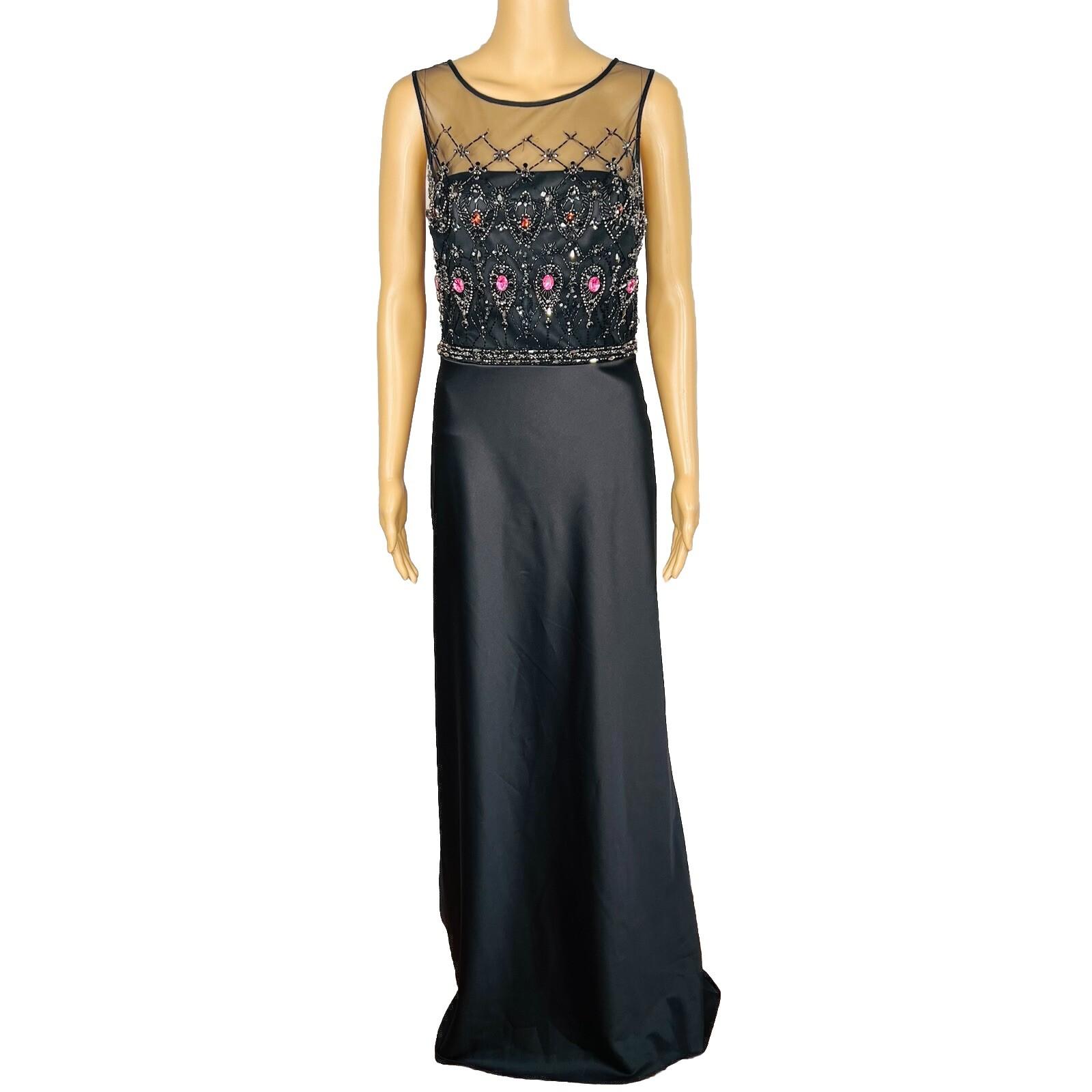 Mikael Aghal Black Lace Polyester Stretch Gown Dress 10 Beaded Maxi Evening
