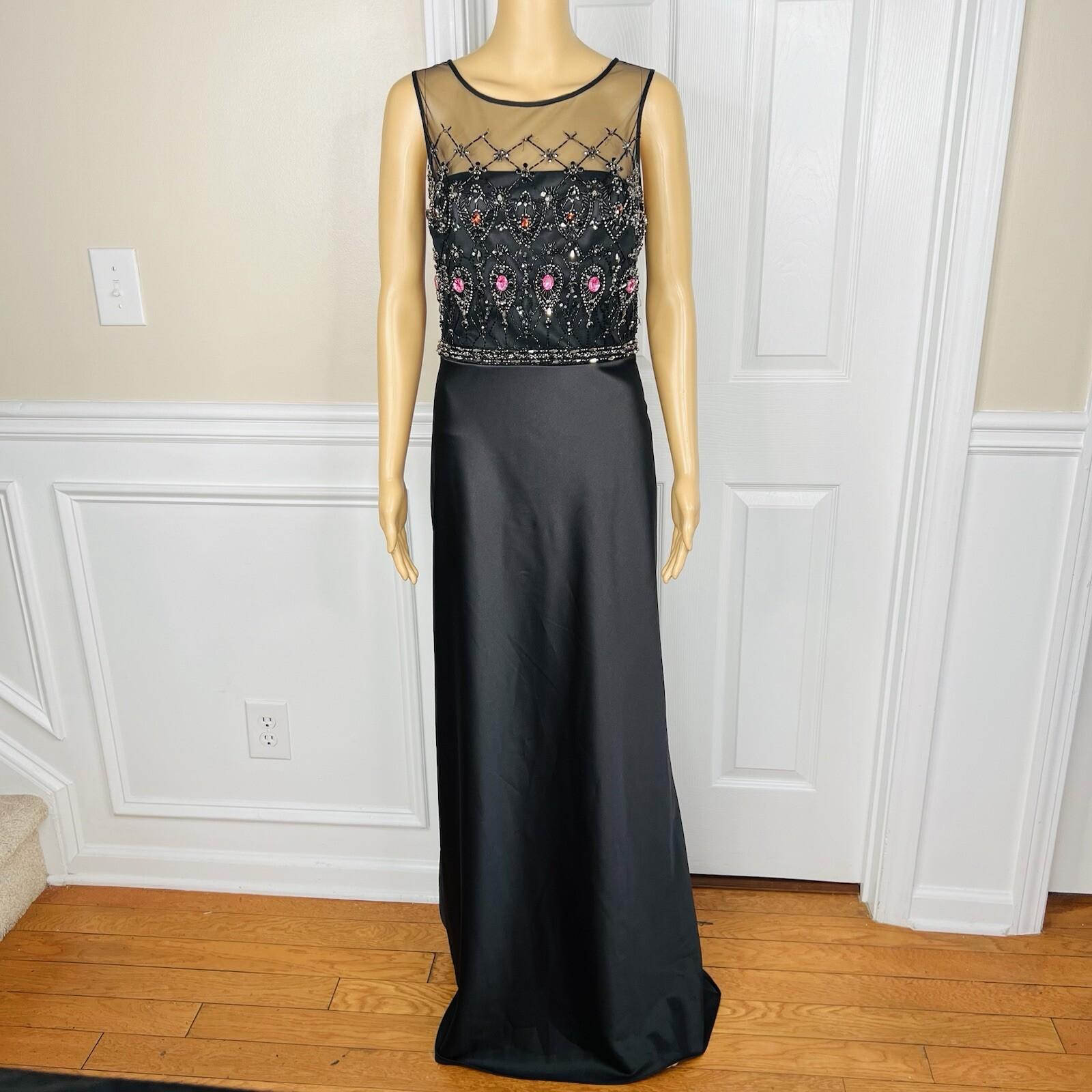 Mikael Aghal Black Lace Polyester Stretch Gown Dress 10 Beaded Maxi Evening