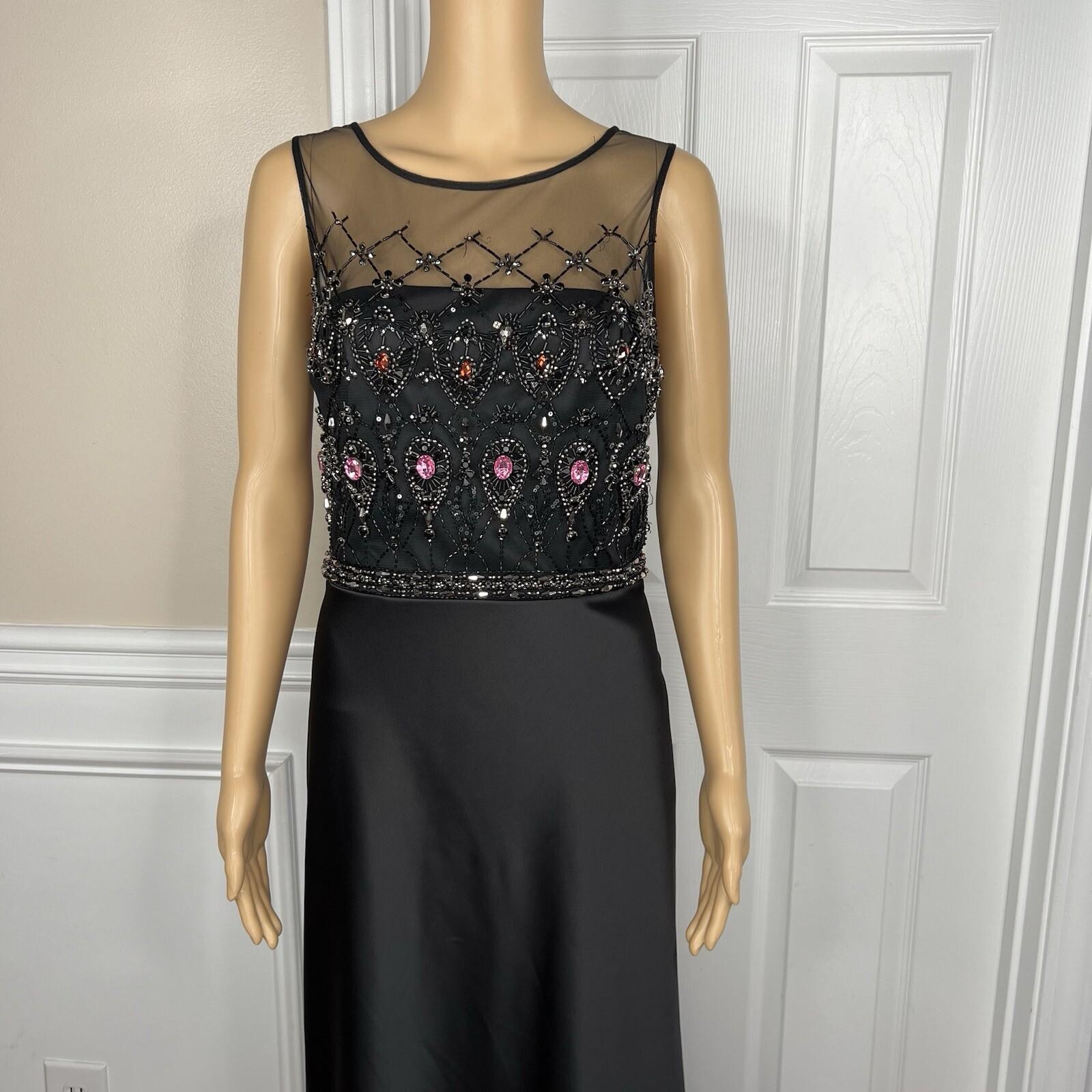 Mikael Aghal Black Lace Polyester Stretch Gown Dress 10 Beaded Maxi Evening