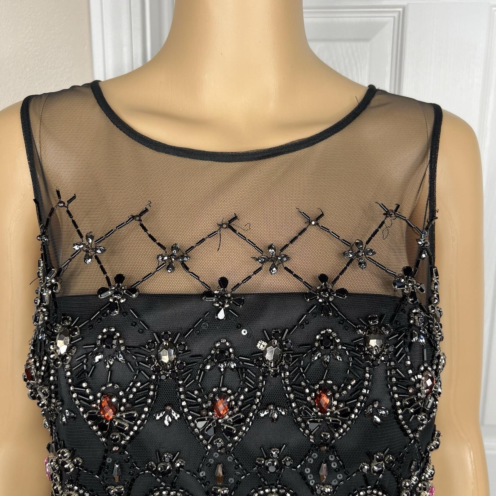 Mikael Aghal Black Lace Polyester Stretch Gown Dress 10 Beaded Maxi Evening