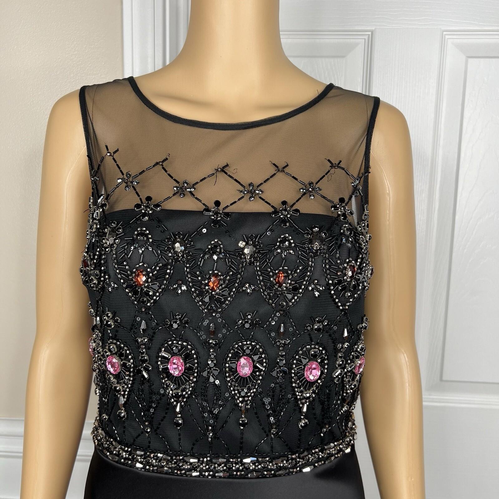 Mikael Aghal Black Lace Polyester Stretch Gown Dress 10 Beaded Maxi Evening