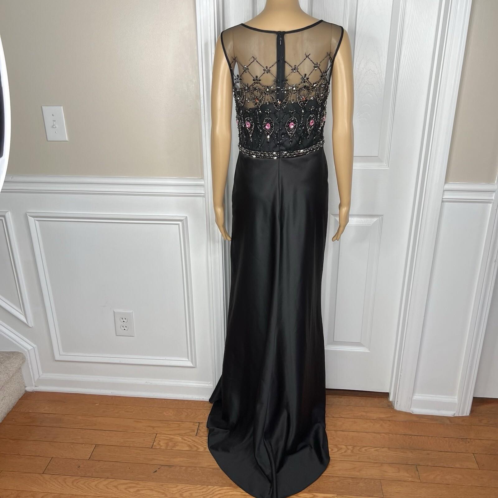 Mikael Aghal Black Lace Polyester Stretch Gown Dress 10 Beaded Maxi Evening