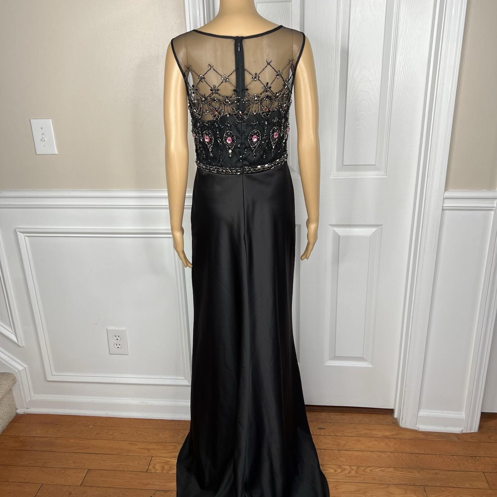 Mikael Aghal Black Lace Polyester Stretch Gown Dress 10 Beaded Maxi Evening