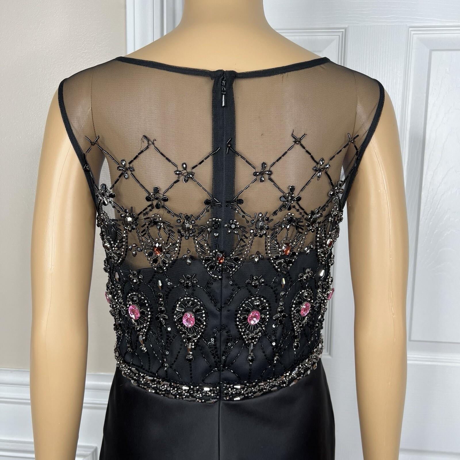 Mikael Aghal Black Lace Polyester Stretch Gown Dress 10 Beaded Maxi Evening