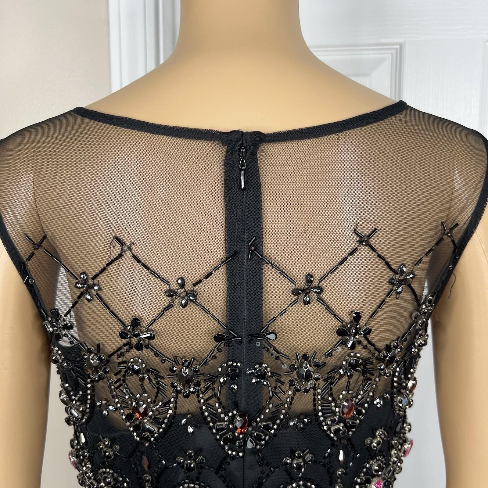Mikael Aghal Black Lace Polyester Stretch Gown Dress 10 Beaded Maxi Evening