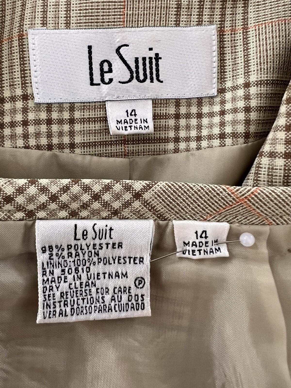 10-158.jpg Le Suit Polyester Rayon Skirt Suit Size 14 Mustard Striped Pockets Lined 2PC