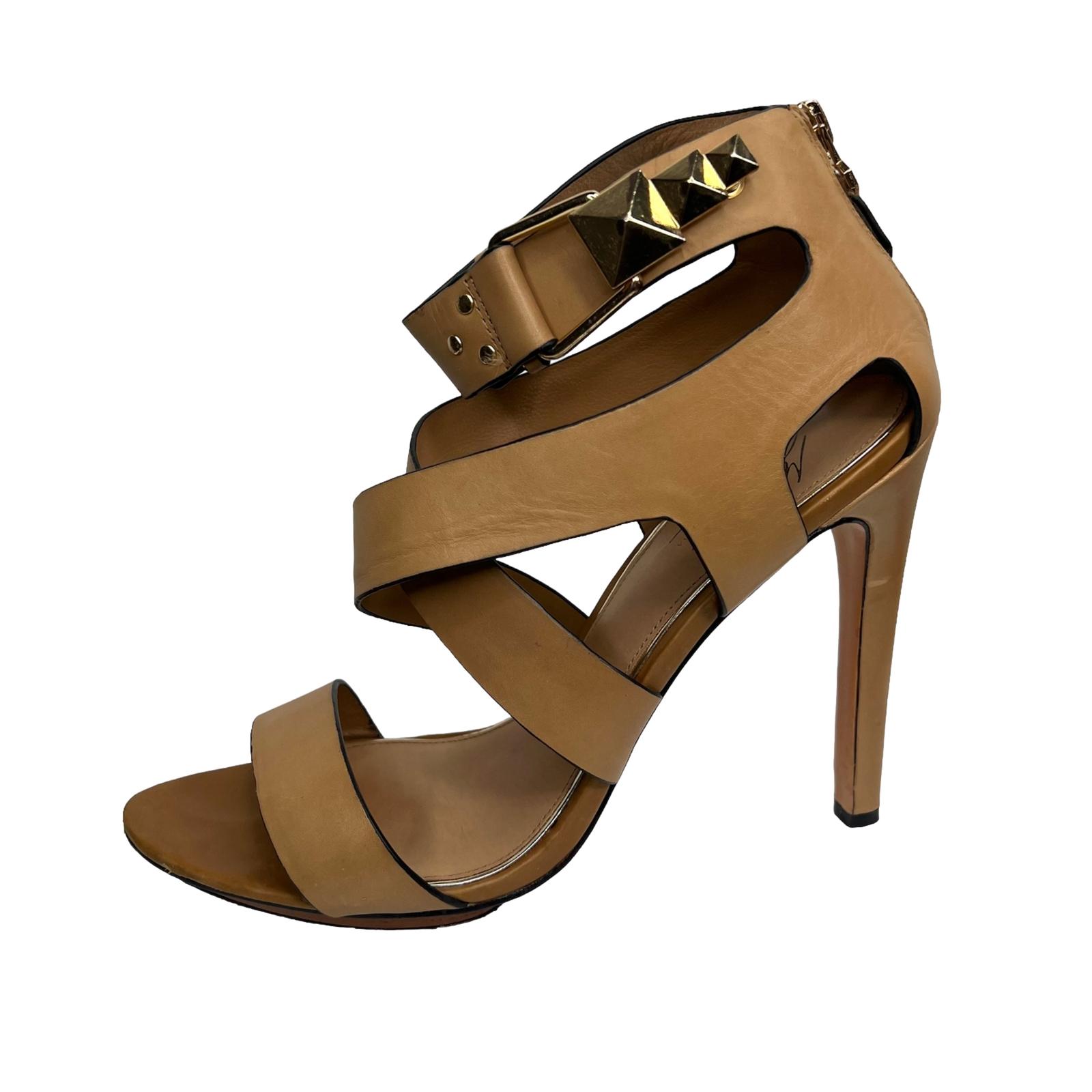 Badgley Mishka Mark &James Leather Gold Studded Ankle Strap Open Toes Shoes 9.5M