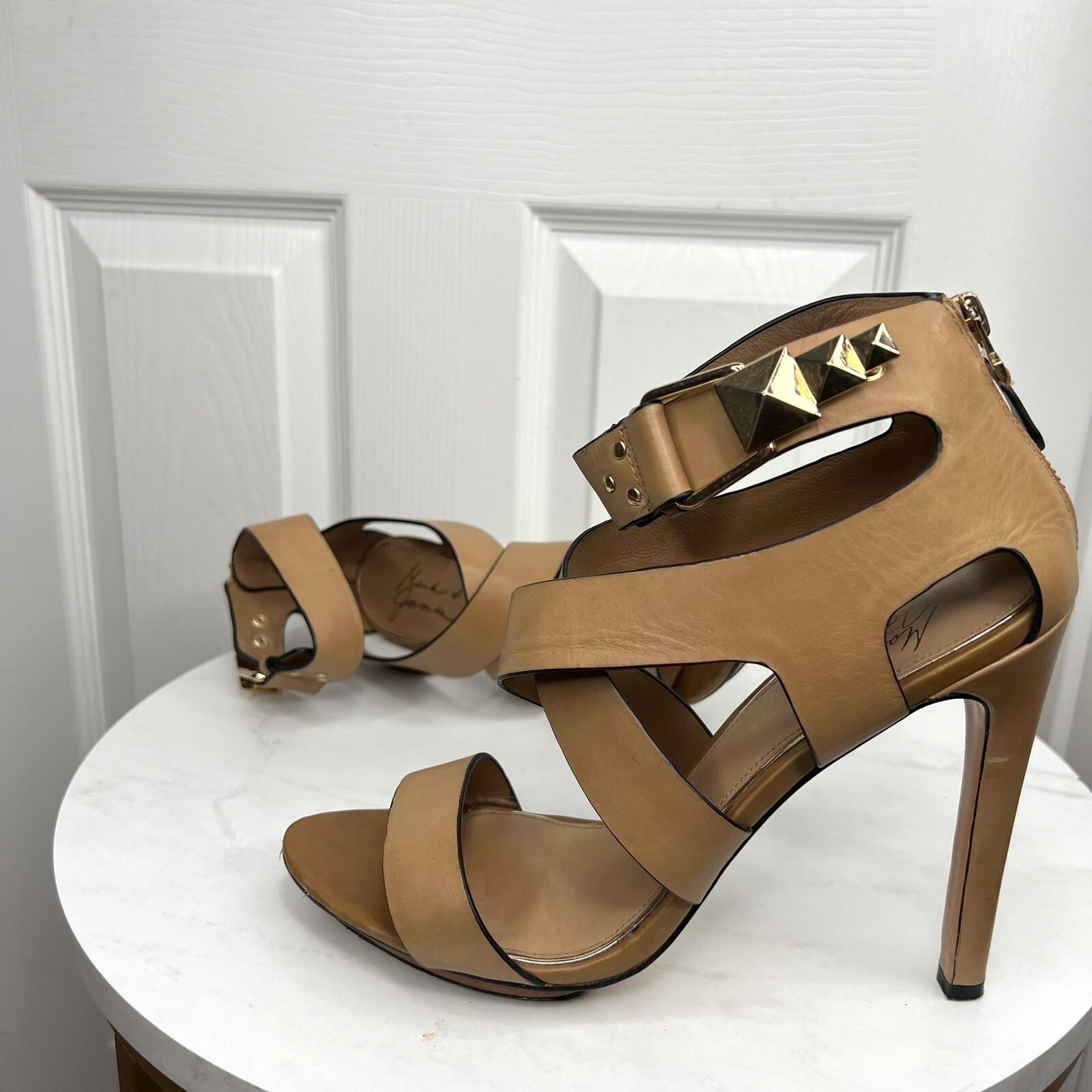 Badgley Mishka Mark &James Leather Gold Studded Ankle Strap Open Toes Shoes 9.5M