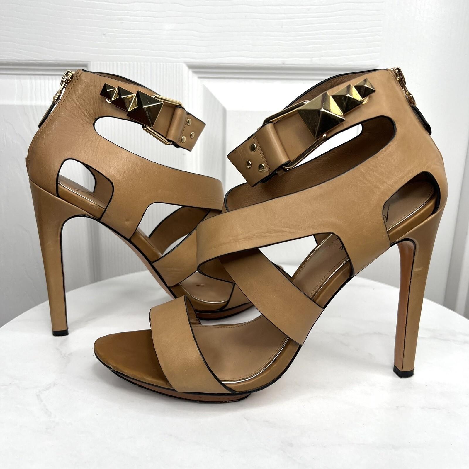 Badgley Mishka Mark &James Leather Gold Studded Ankle Strap Open Toes Shoes 9.5M