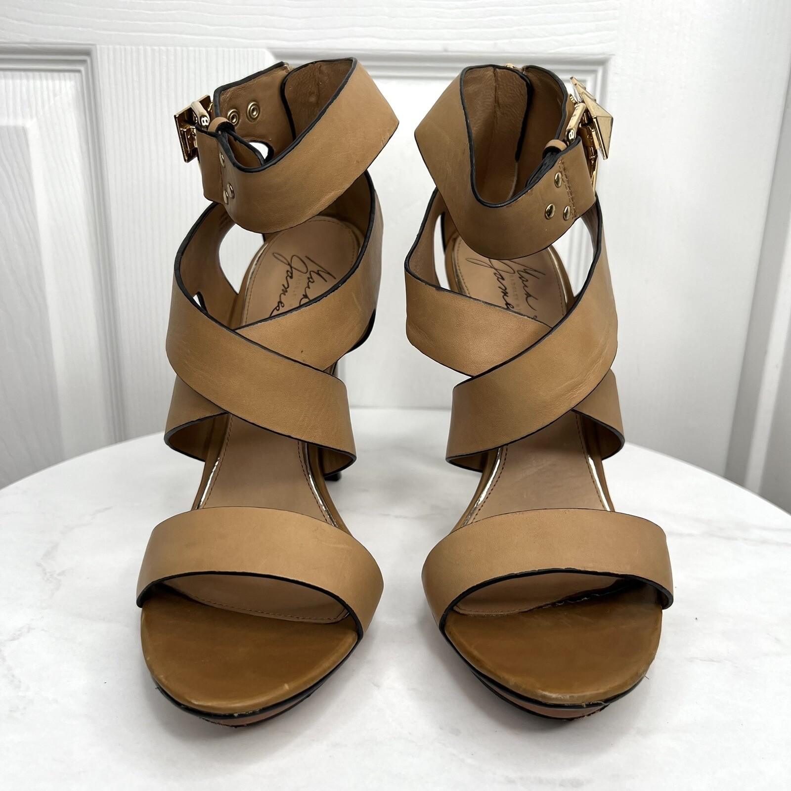 Badgley Mishka Mark &James Leather Gold Studded Ankle Strap Open Toes Shoes 9.5M