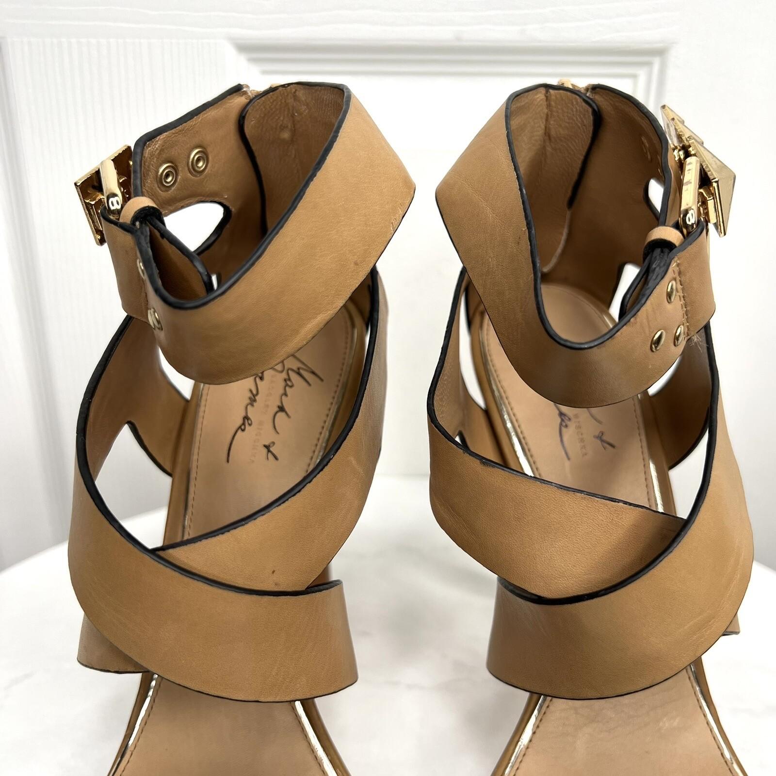 Badgley Mishka Mark &James Leather Gold Studded Ankle Strap Open Toes Shoes 9.5M