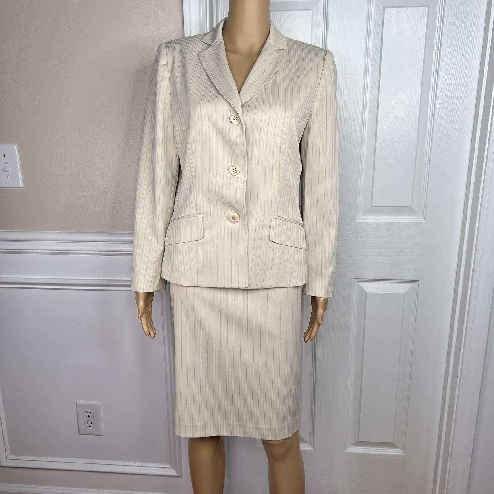 Evan Picone Polyester Spandex Skirt Suit Size 10P Beige Striped Lined 2PC