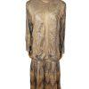 DAMIANOU Vtg Gold Metallic Lace Crochet Turtleneck Drop Waist Party Dress Size L