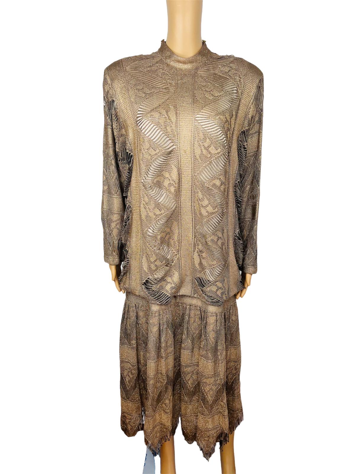 DAMIANOU Vtg Gold Metallic Lace Crochet Turtleneck Drop Waist Party Dress Size L