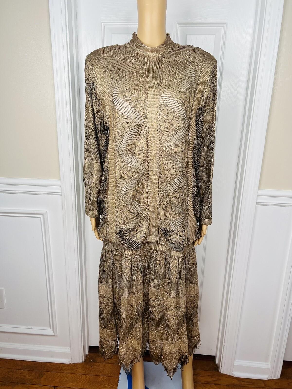 DAMIANOU Vtg Gold Metallic Lace Crochet Turtleneck Drop Waist Party Dress Size L