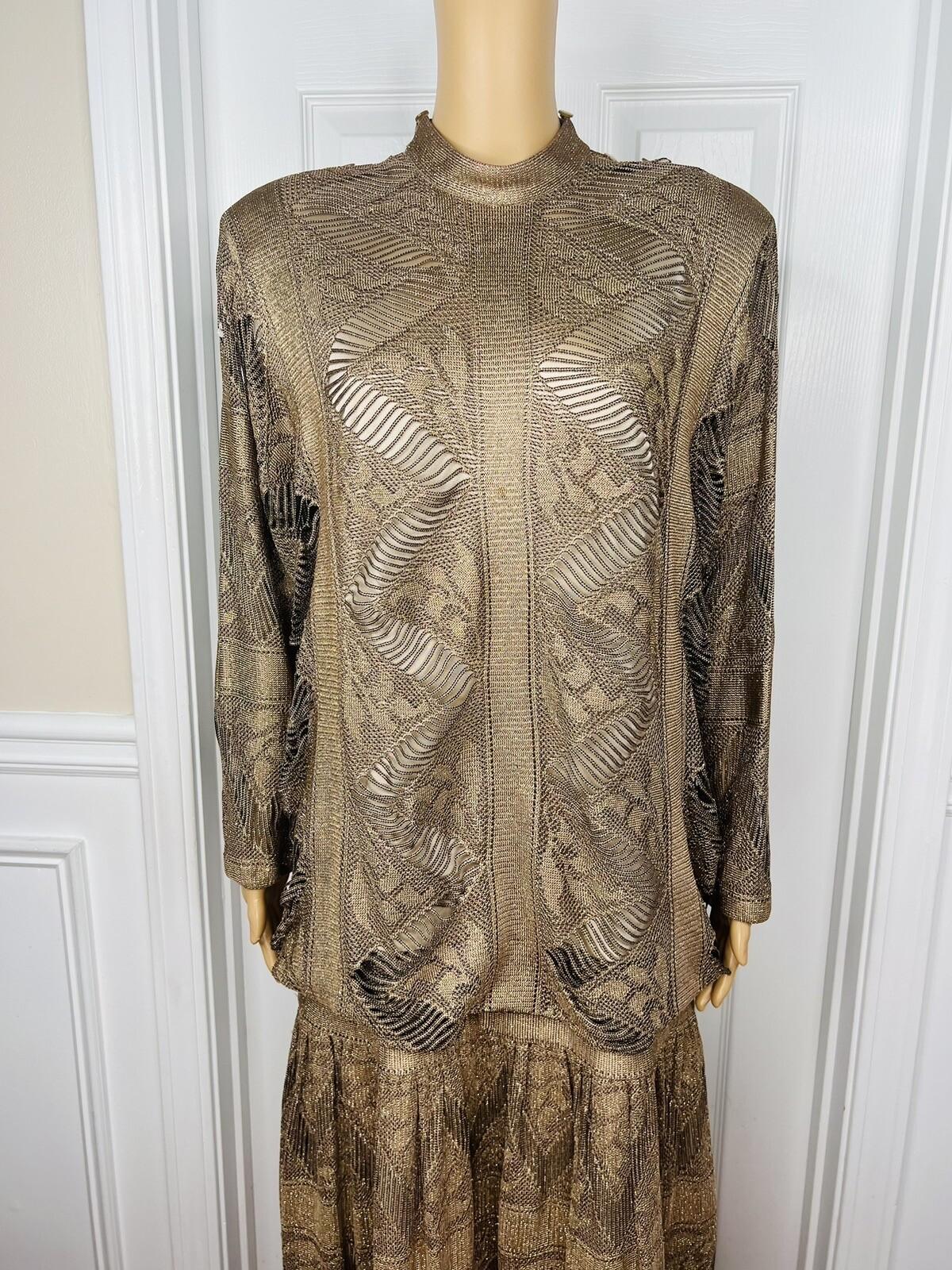 DAMIANOU Vtg Gold Metallic Lace Crochet Turtleneck Drop Waist Party Dress Size L