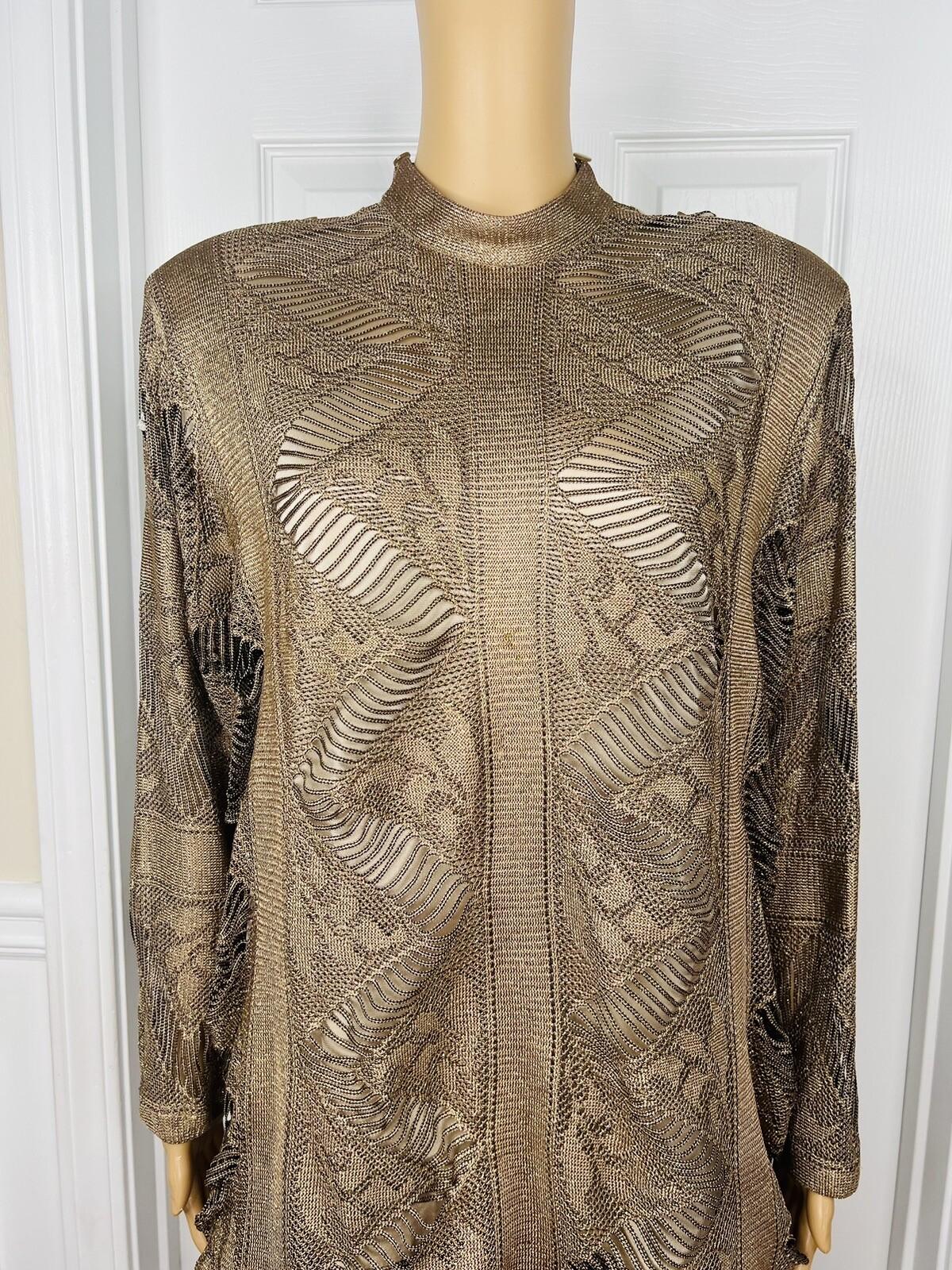 DAMIANOU Vtg Gold Metallic Lace Crochet Turtleneck Drop Waist Party Dress Size L