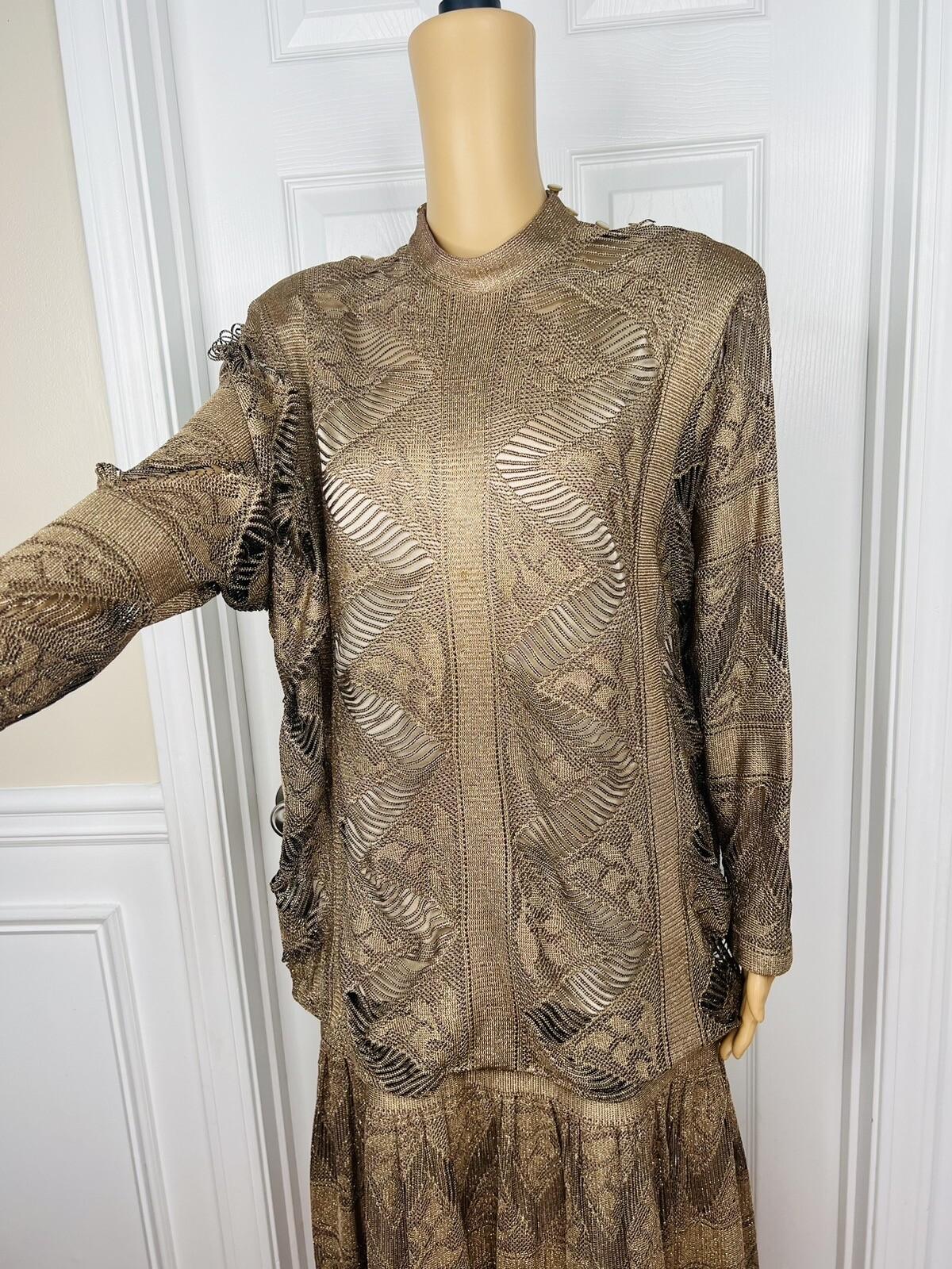 DAMIANOU Vtg Gold Metallic Lace Crochet Turtleneck Drop Waist Party Dress Size L