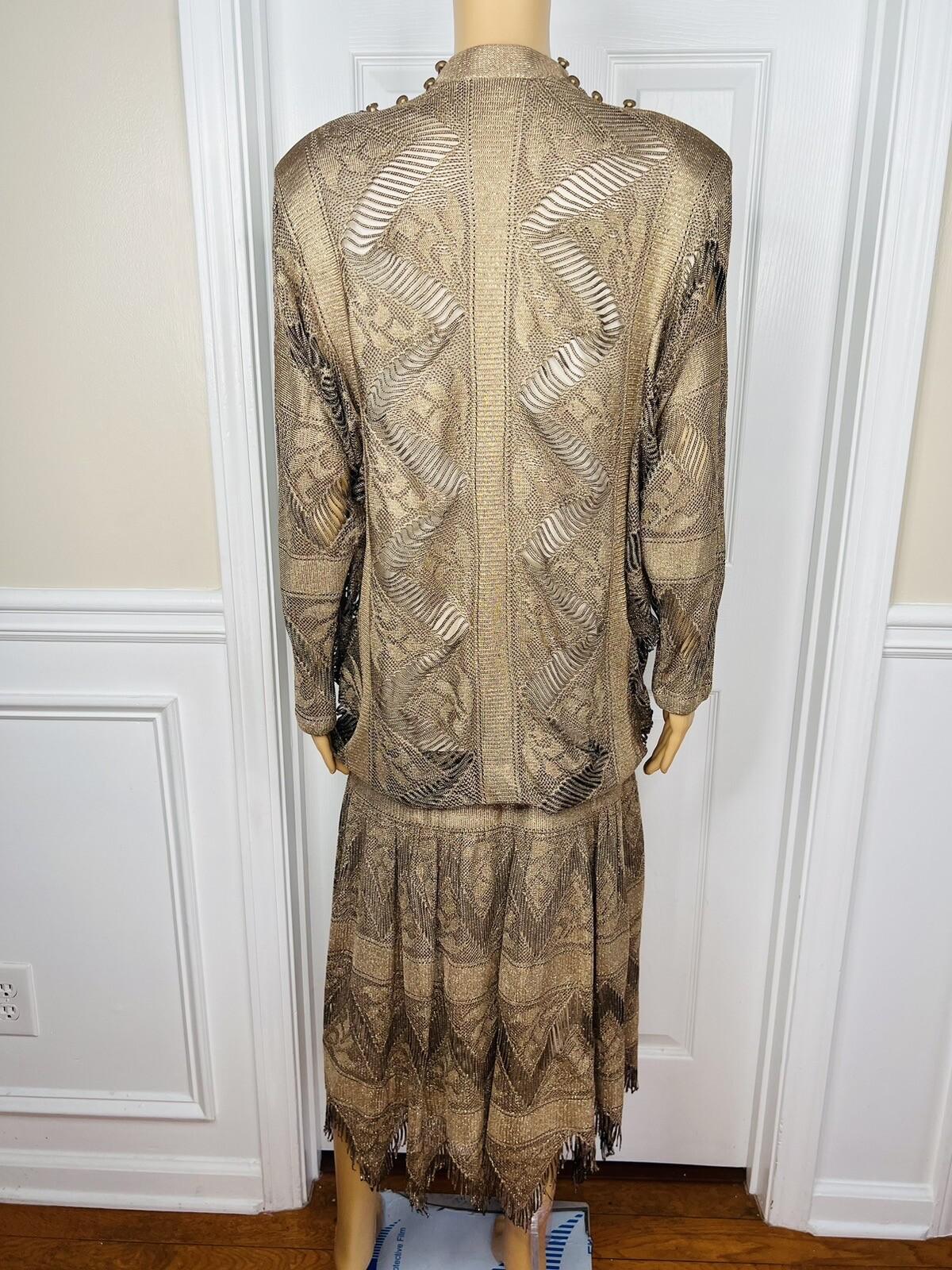 DAMIANOU Vtg Gold Metallic Lace Crochet Turtleneck Drop Waist Party Dress Size L