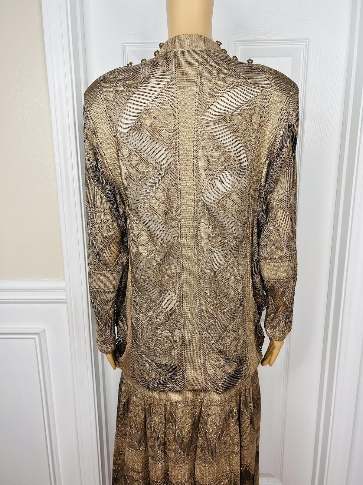 DAMIANOU Vtg Gold Metallic Lace Crochet Turtleneck Drop Waist Party Dress Size L