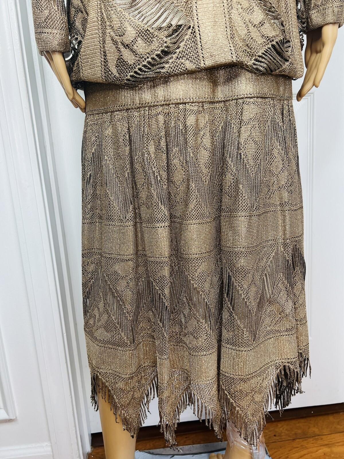 DAMIANOU Vtg Gold Metallic Lace Crochet Turtleneck Drop Waist Party Dress Size L